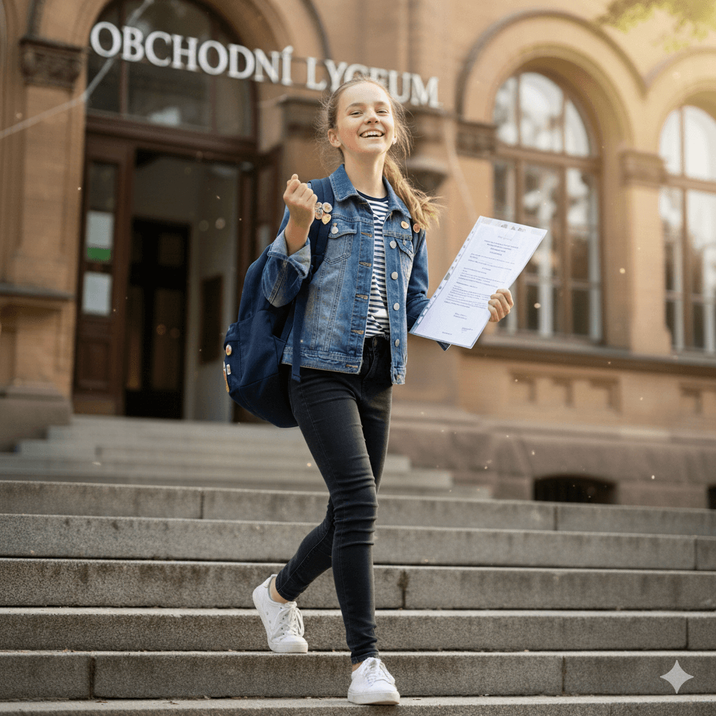 Studentka vycházející ze školy s rozhodnutím v ruce